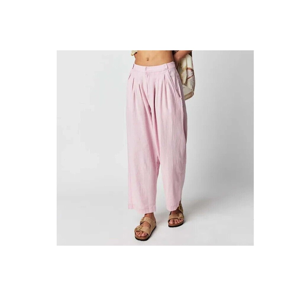 Free People Lotta Love Linen Trousers Pants High-Rise Wide-Leg Solid L-12 281454